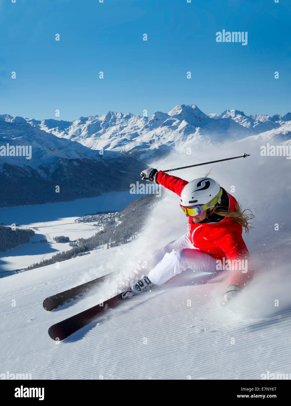 Corviglia, ski slope, Corviglia, Saint Moritz, St. MoritzBlick, Upper Engadine, canton, GR, Graubünden, Grisons, Upper Engadine, Stock Photo