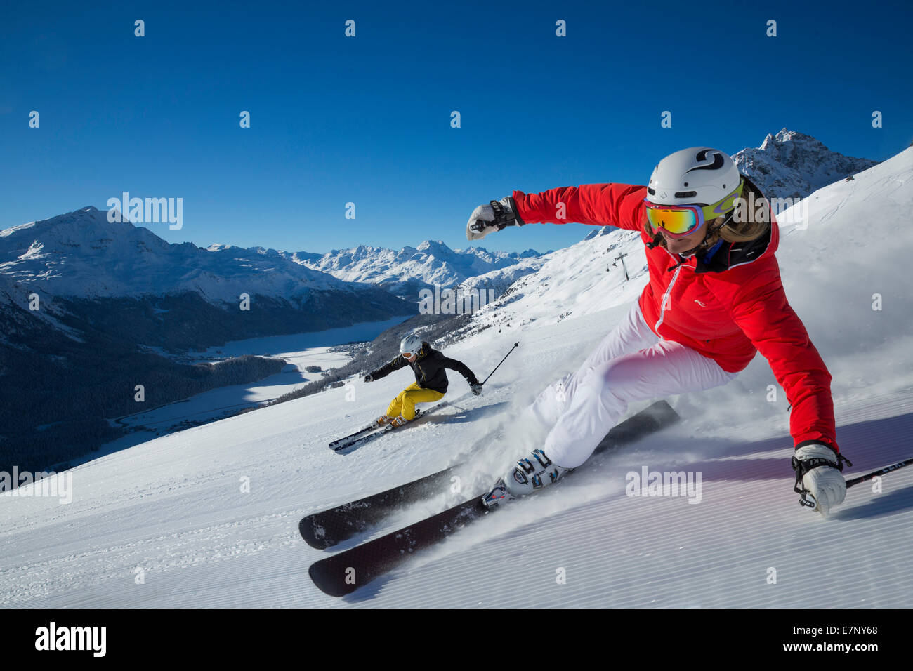 Corviglia, skiing, Corviglia, Saint Moritz, St. MoritzBlick, Upper Engadine, canton, GR, Graubünden, Grisons, Upper Engadine, mo Stock Photo