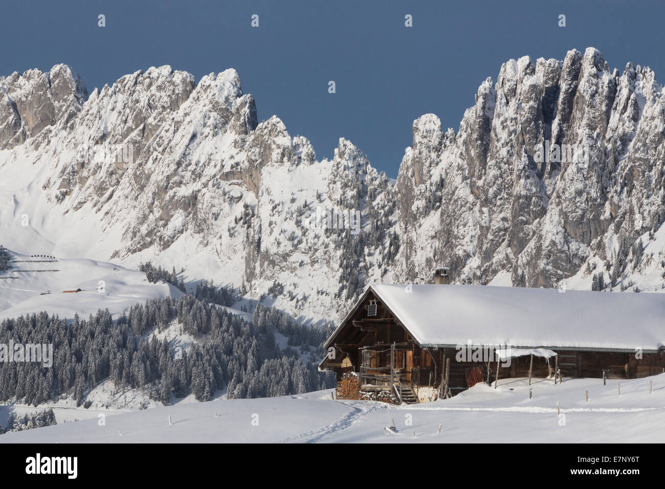 Gastlosen, alpine cabin, Jaunpass, mountain, mountains, hut, house, alpine cabin, winter, canton Bern, canton, FR, Fribourg, Fre Stock Photo