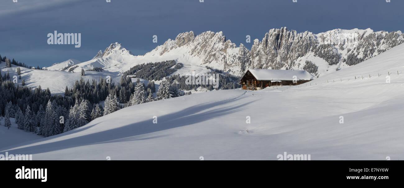 Gastlosen, alpine cabin, Jaunpass, alpine cabin, Jaunpass, mountain, mountains, hut, house, alpine cabin, winter, canton Bern, c Stock Photo