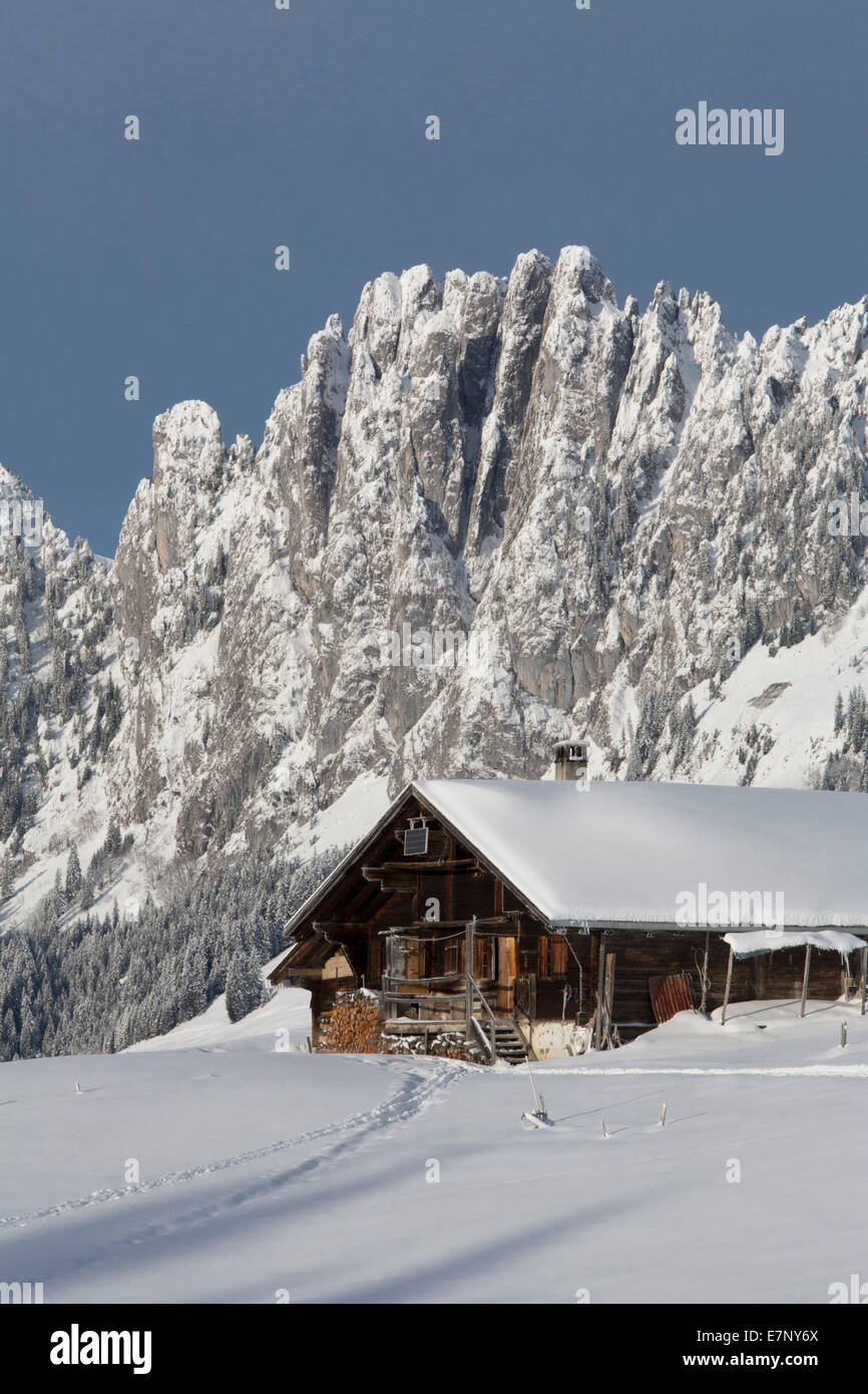 Gastlosen, alpine cabin, Jaunpass, mountain, mountains, hut, house, alpine cabin, winter, canton Bern, canton, FR, Fribourg, Fre Stock Photo