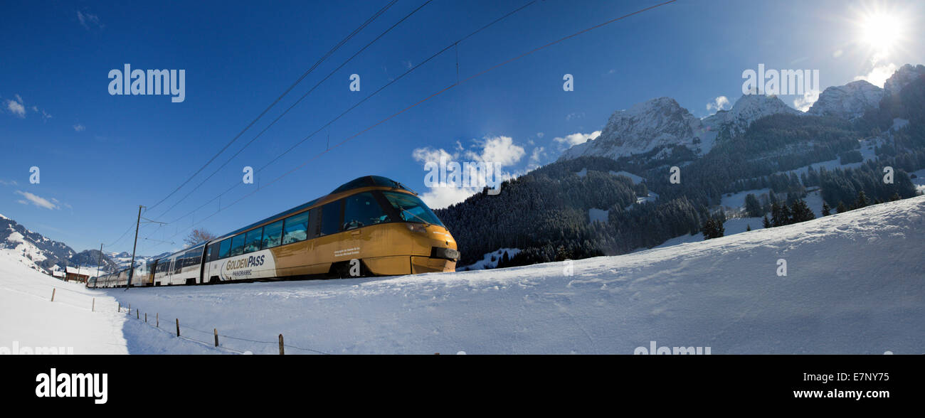 Saanenland, express train, Golden Pass, Rougemont VD, mountain, mountains, winters, railway, train, railroad, canton, VD, Vaud, Stock Photo
