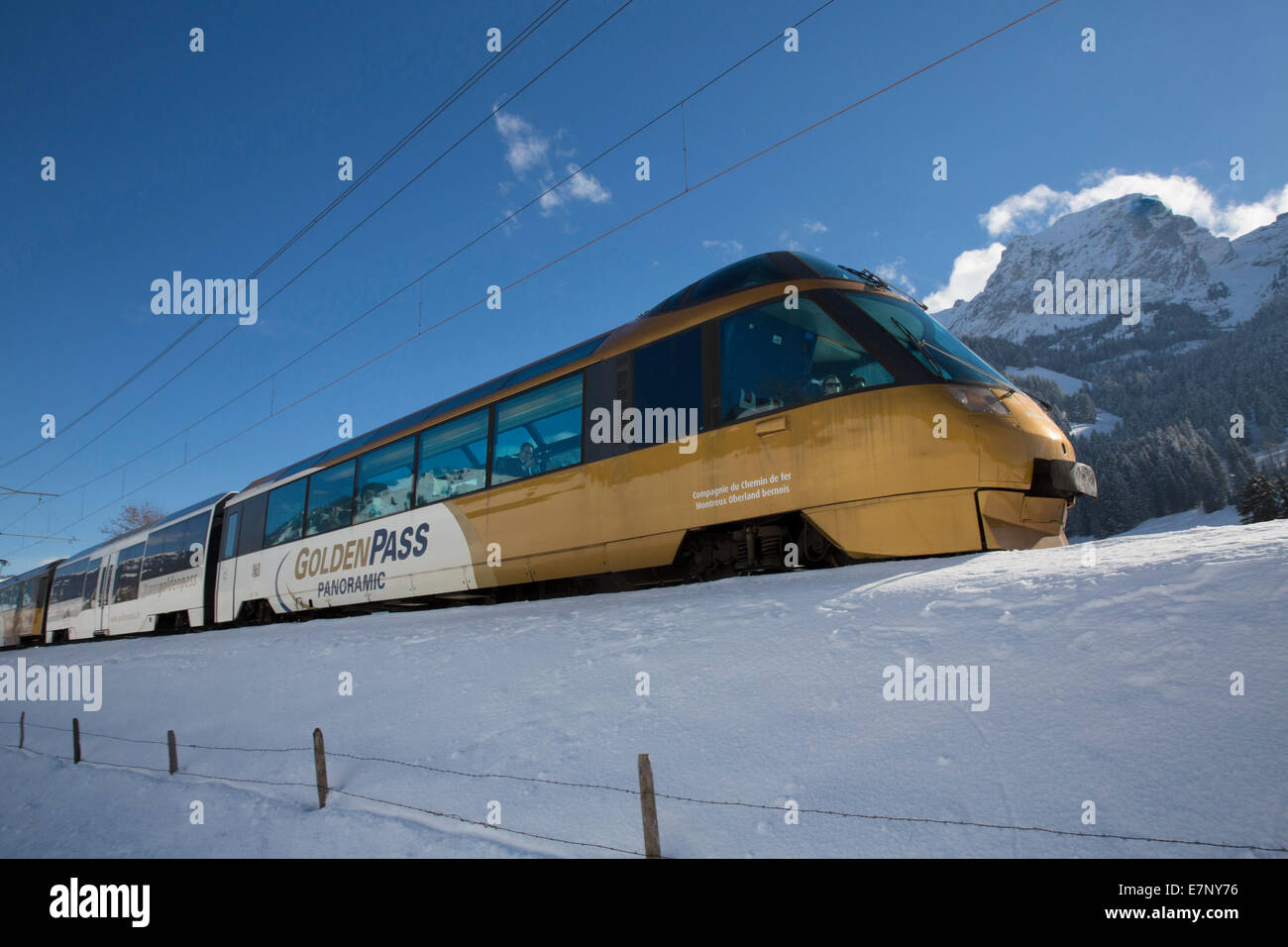 Saanenland, express train, Golden Pass, Rougemont VD, mountain, mountains, winters, railway, train, railroad, canton, VD, Vaud, Stock Photo