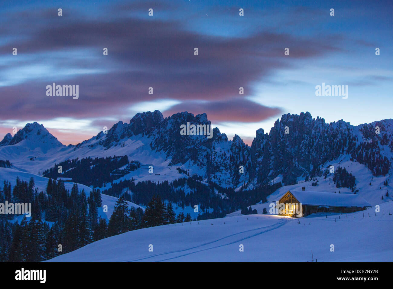 Gastlosen, alpine cabin, Jaunpass, mountain, mountains, hut, house, alpine cabin, winter, canton Bern, canton, FR, Fribourg, Fre Stock Photo