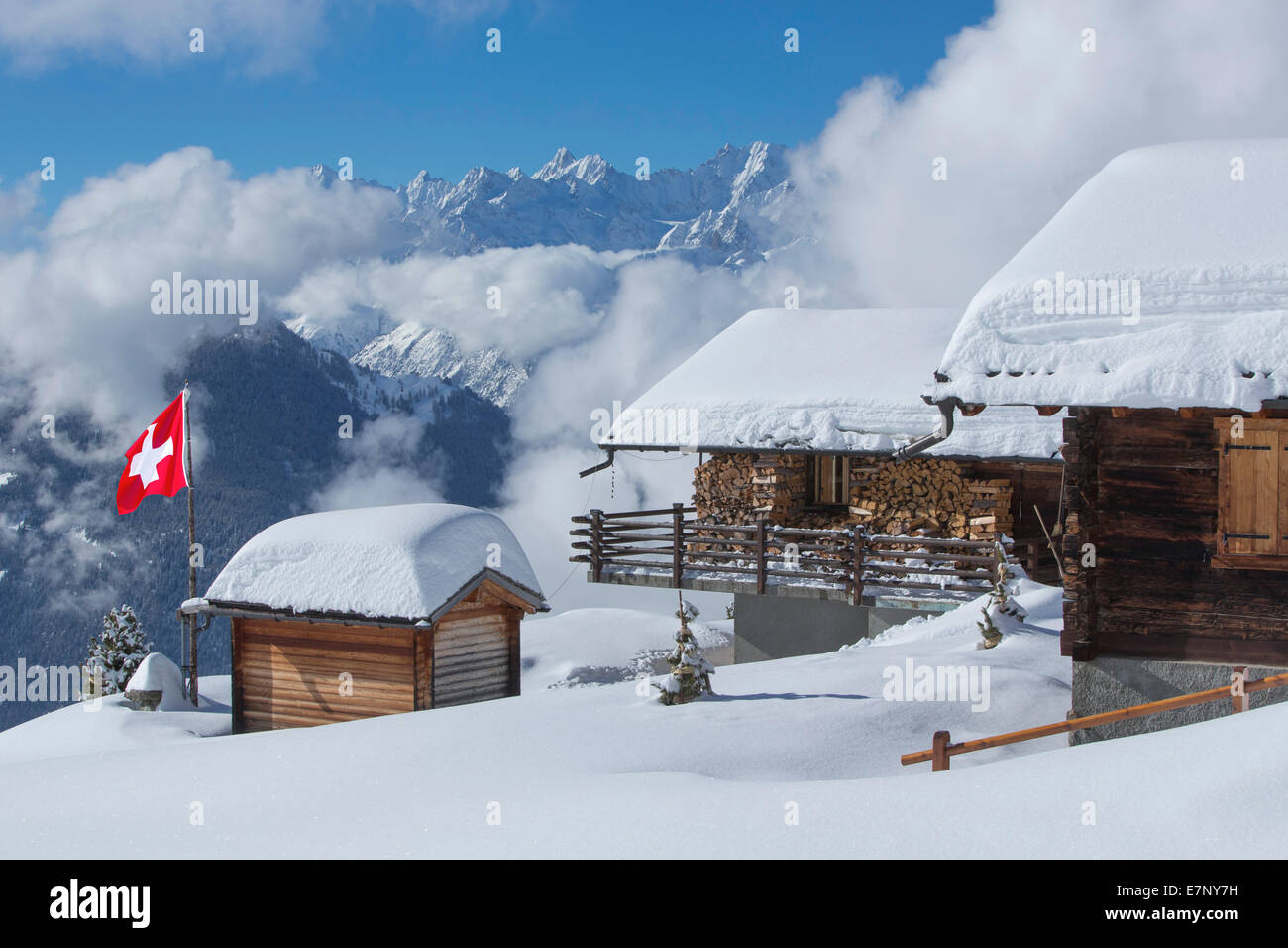 Winter, mountain restaurant, skiing area, Verbier, Montblanc massif, winter, canton, VS, Valais, mountain, mountains, hut, house Stock Photo