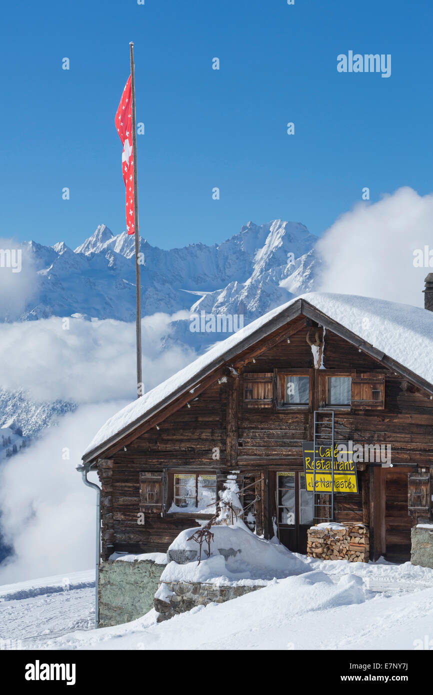 Winter, mountain restaurant, skiing area, Verbier, Montblanc massif, winter, canton, VS, Valais, mountain, mountains, hut, house Stock Photo