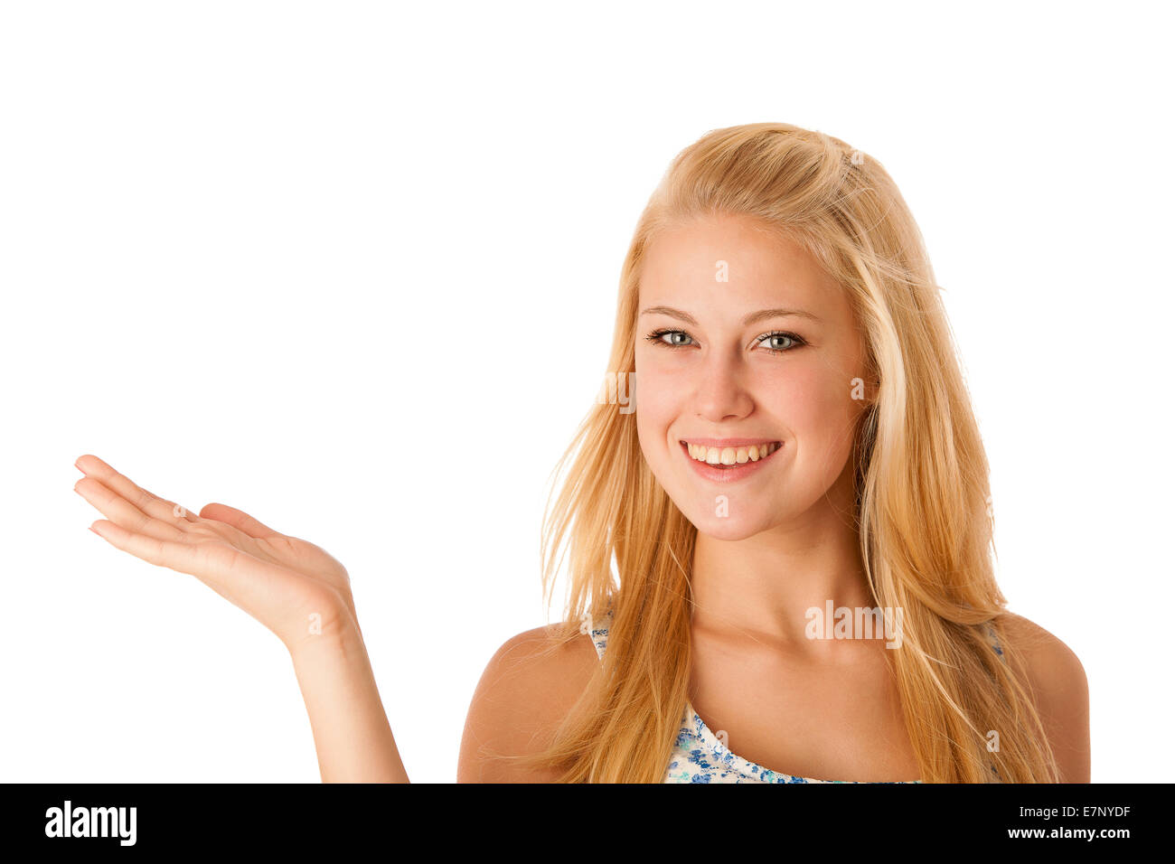 woman holding hand over copy space fot promotioanl purpose Stock Photo