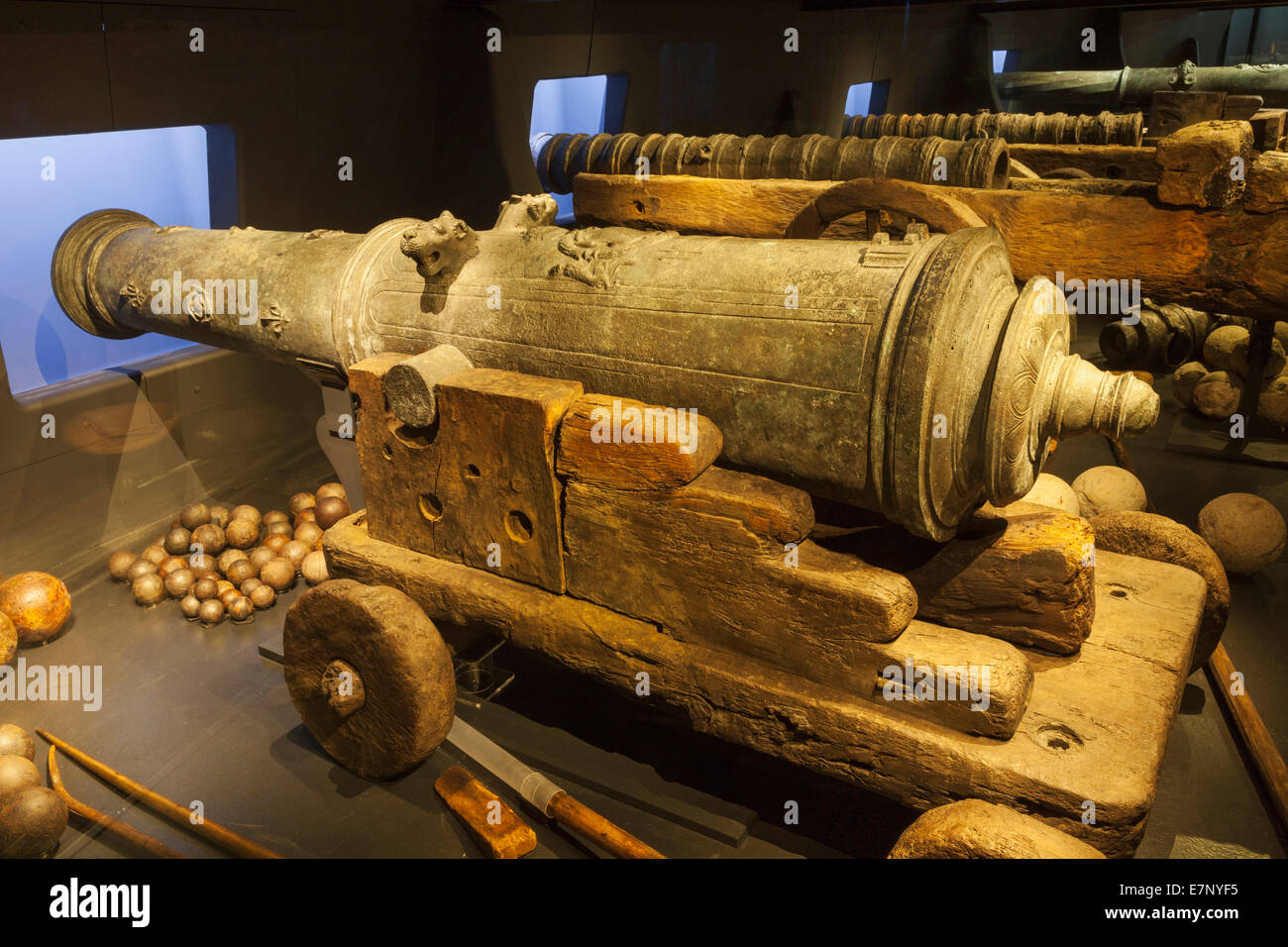 England, Europe, Hampshire, Portsmouth, Historic Dockyard, The Mary Rose, Ships' Cannon Stock Photo