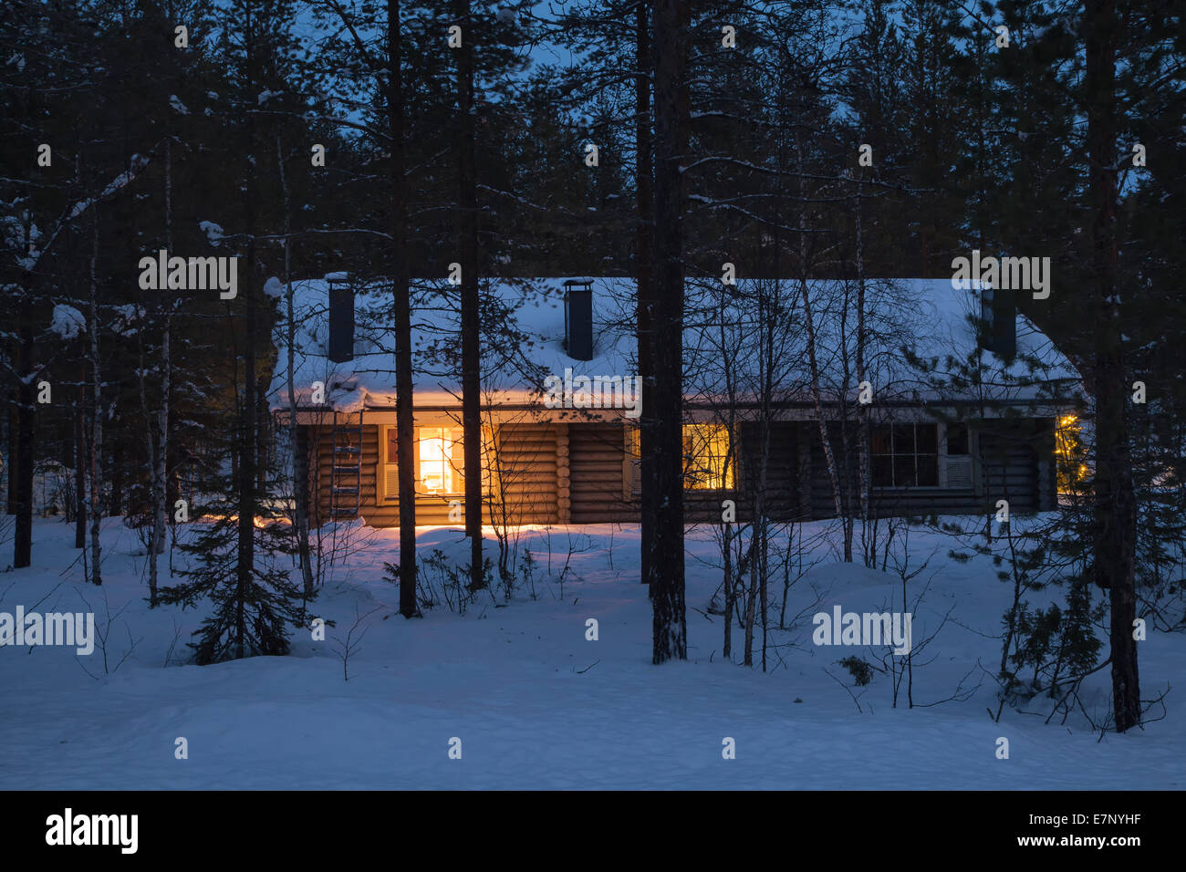 Log cabin, Europe, Finland, Lapland, snow, white, winter, Akäslompolo, at night, Stock Photo