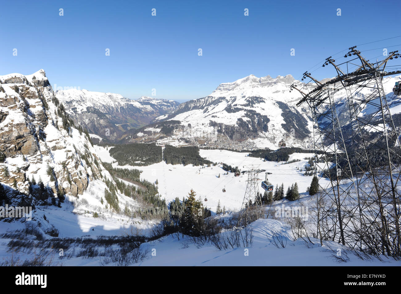 Switzerland, alpine, alps, cable, cable-railway, cableway, clear, cold, country, day, destinations, Engelberg, equipment, Europe Stock Photo