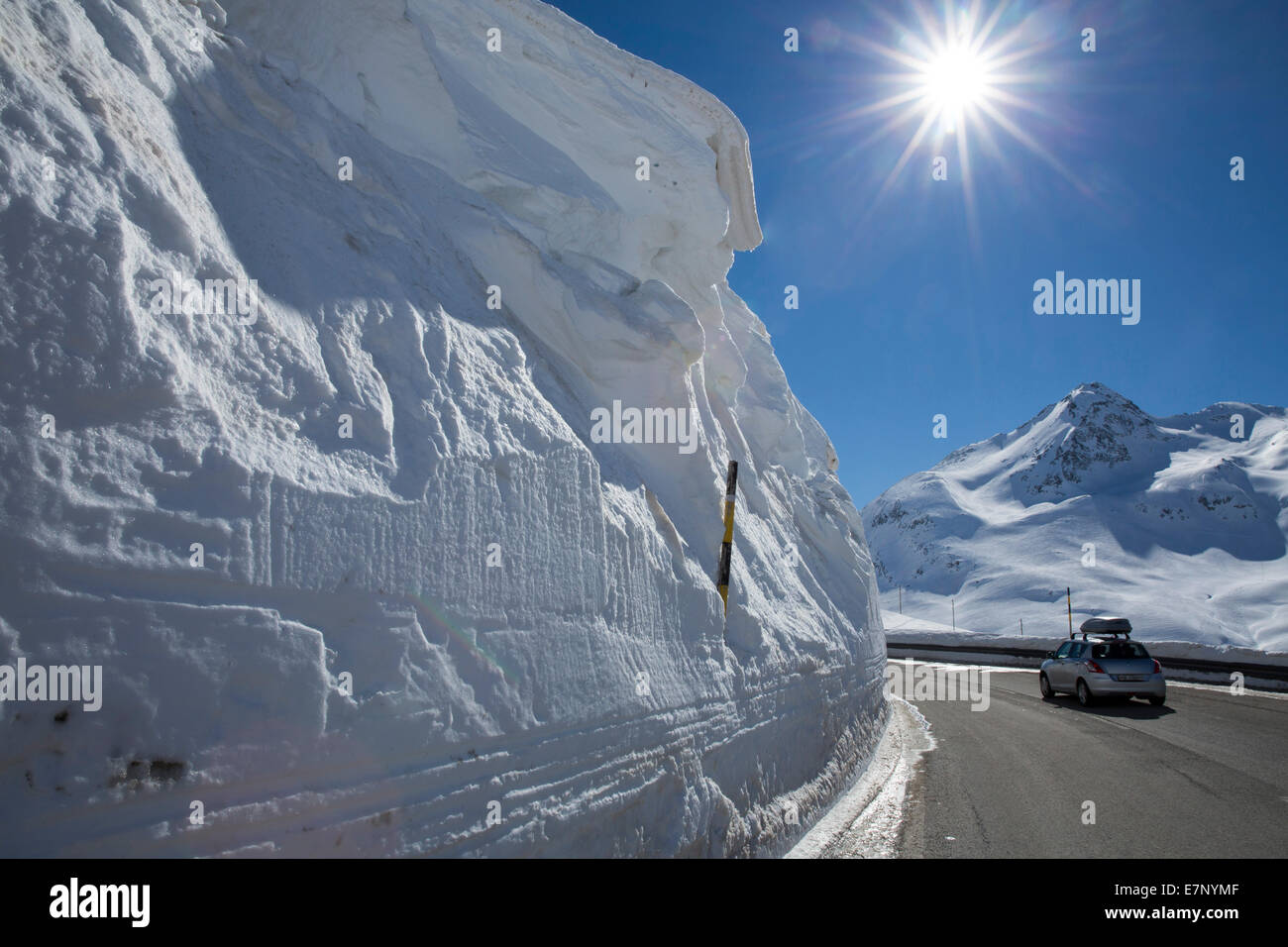 Engadin, Engadine, high, snow  walls, Bernina Pass, street, winter, canton, GR, Graubünden, Grisons, Upper Engadine, mountain, m Stock Photo