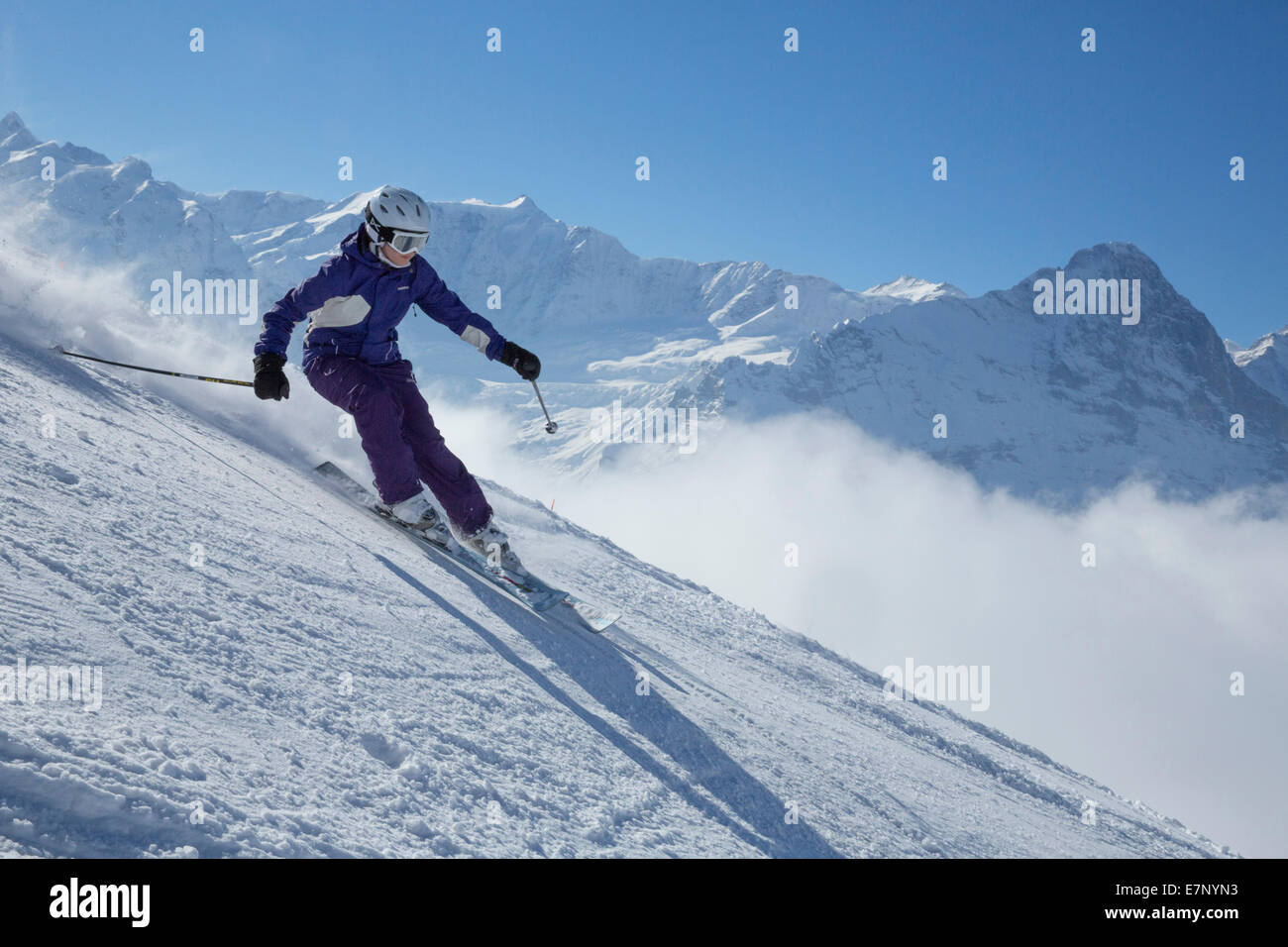 Ski, skiing, Grindelwald, ridge, Eiger, Jungfrau, mountain, mountains, ski, skiing, Carving, winter, winter sports, canton Bern, Stock Photo