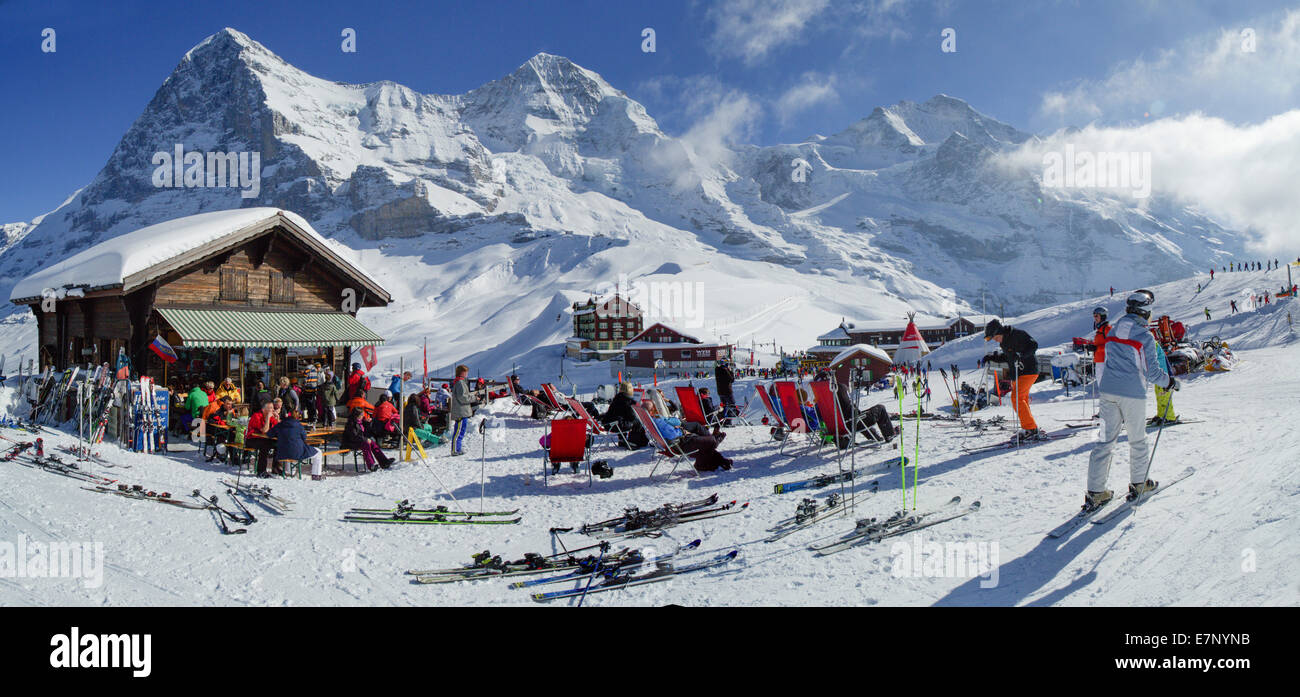 Ski, ski tourist, Kleine Scheidegg, Eiger, monk, Mönch, Jungfrau, mountain, mountains, ski, skiing, Carving, winter, winter spor Stock Photo