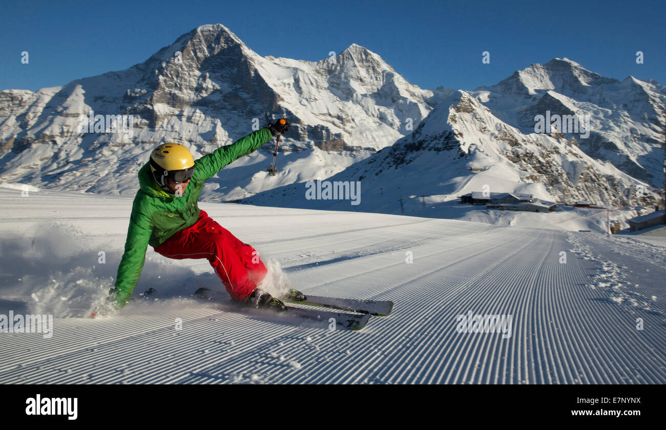 Ski, skiing, Männlichen, mountain, mountains, ski, skiing, Carving, winter, winter sports, canton Bern, Bernese Alps, Bernese Ob Stock Photo