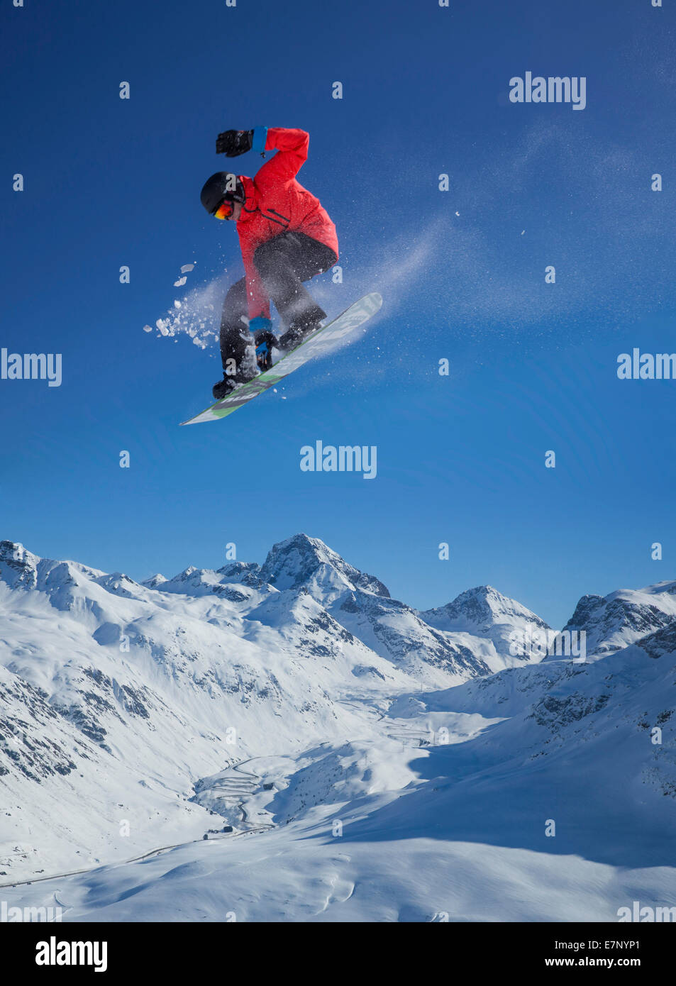 Ski, snow boarder, Bivio, Julier Pass, mountain, mountains, winters, winter sports, canton, GR, Graubünden, Grisons, jump, snowb Stock Photo