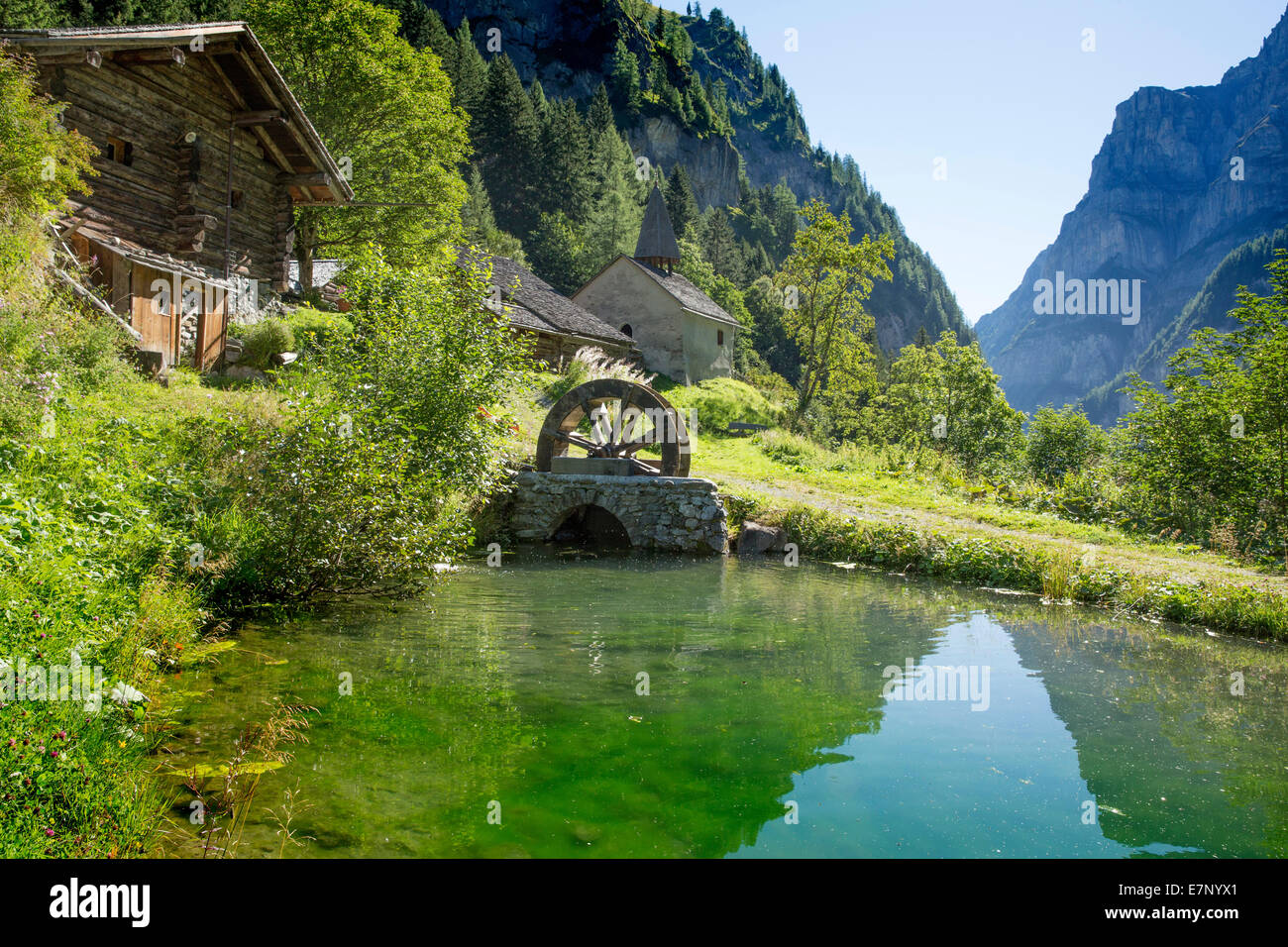 Calfeisental, St. Martin, village, water, SG, canton St. Gallen, waterwheel, Switzerland, Europe, Stock Photo