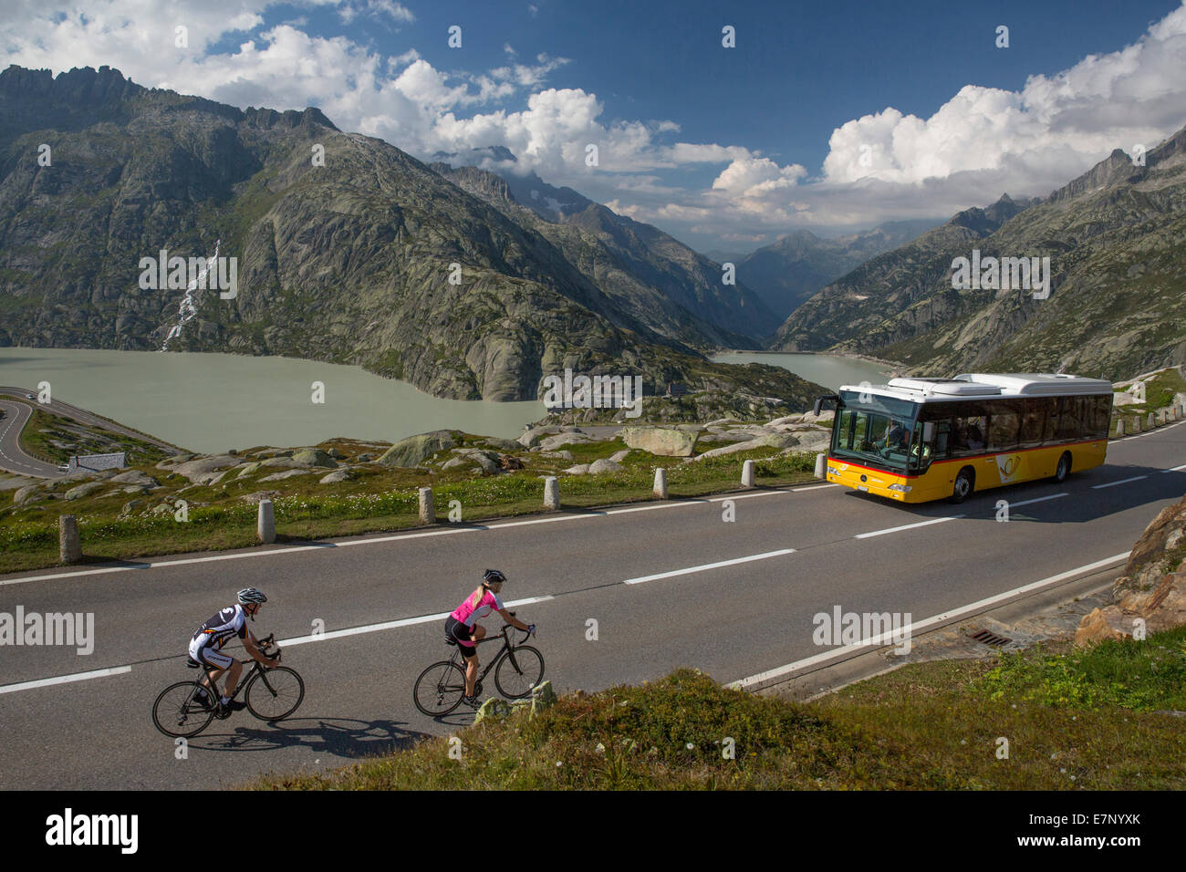 Postbus, riding a bicycle, Grimsel Pass, glacier, ice, moraine, bicycle, bicycles, bike, riding a bicycle, racing bicycle, canto Stock Photo