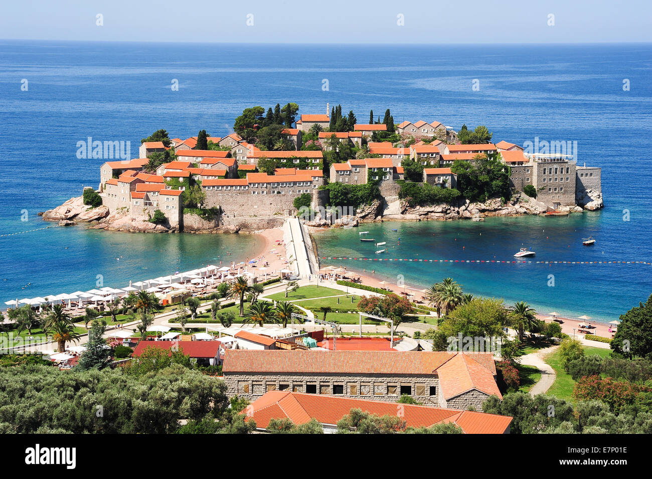 Adriatic, architecture, Balkans, beach, scenery, landscape, building, coast, coastline, Europe, green, heritage, history, holida Stock Photo
