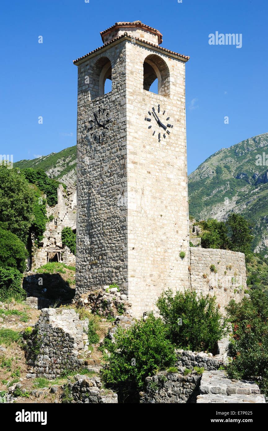 Castle, ancient, antique, architecture, Balkans, bar, belfry, bell, brick, brick wall, building, clock, clock-tower, constructio Stock Photo