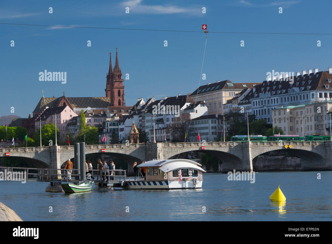 Rhine, Basel, Basle, Rhine, spring, river, flow, body of water, water, ship, boat, ships, boats, town, city, canton, BS, Basel S Stock Photo