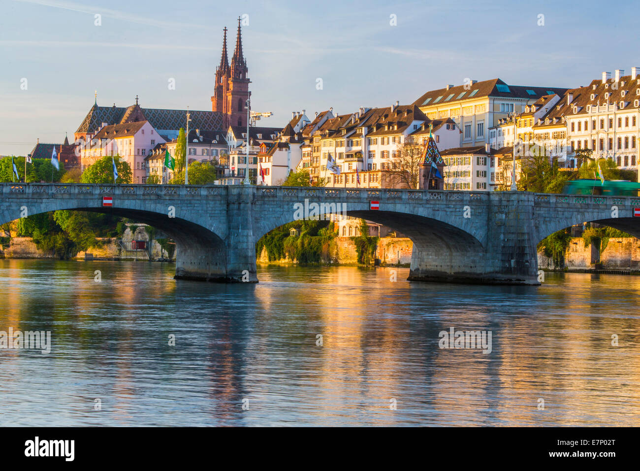 Rhine, Basel, Basle, Rhine, spring, river, flow, body of water, water, ship, boat, ships, boats, town, city, canton, BS, Basel S Stock Photo