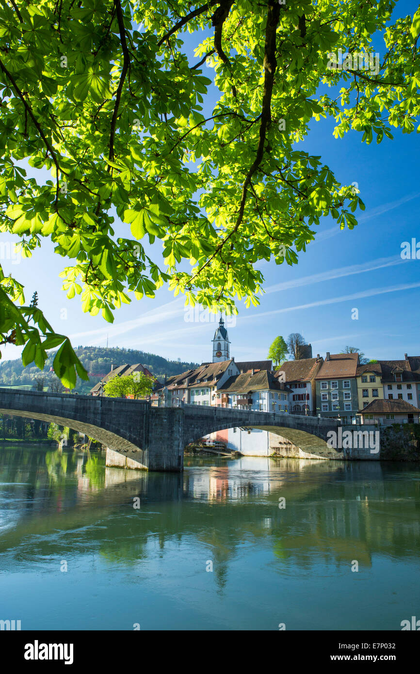Rhine, Laufenburg, Rhine, spring, river, flow, body of water, water, town, city, canton, AG, Aargau, Switzerland, Europe, Stock Photo
