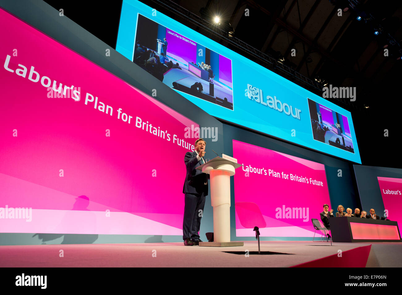 Manchester, UK. 22nd  September, 2014.  Ed Balls, Shadow Chancellor of the Exchequer, addresses the auditorium on day two of the Labour Party's Annual Conference taking place at Manchester Central Convention Complex Credit:  Russell Hart/Alamy Live News. Stock Photo