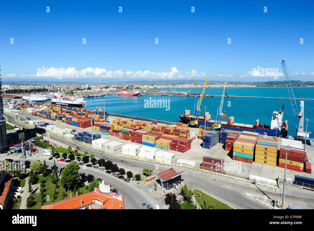 Albania, boat, building, business, cargo, carrier, coast, colour, colourful, commerce, commercial, container, crane, day, dock, Stock Photo