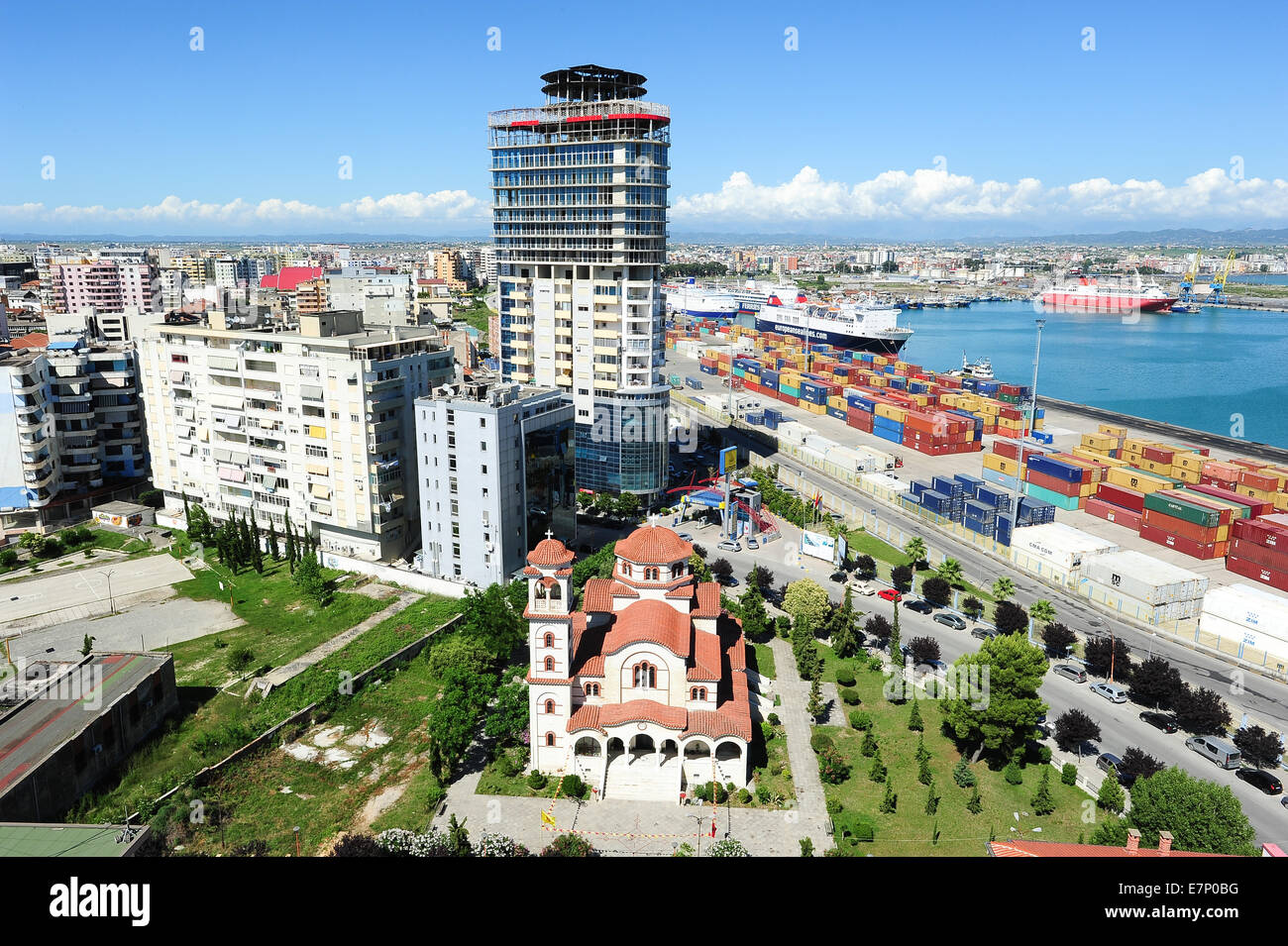 Albania, boat, building, business, cargo, carrier, church, coast, colour, colourful, commerce, commercial, container, crane, day Stock Photo