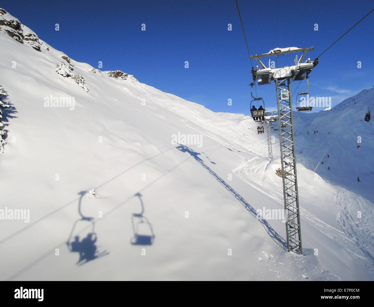 Switzerland, alpine, alps, chair lift, clear, cold, country, day, destinations, Engelberg, equipment, Europe, hill, holiday, ice Stock Photo