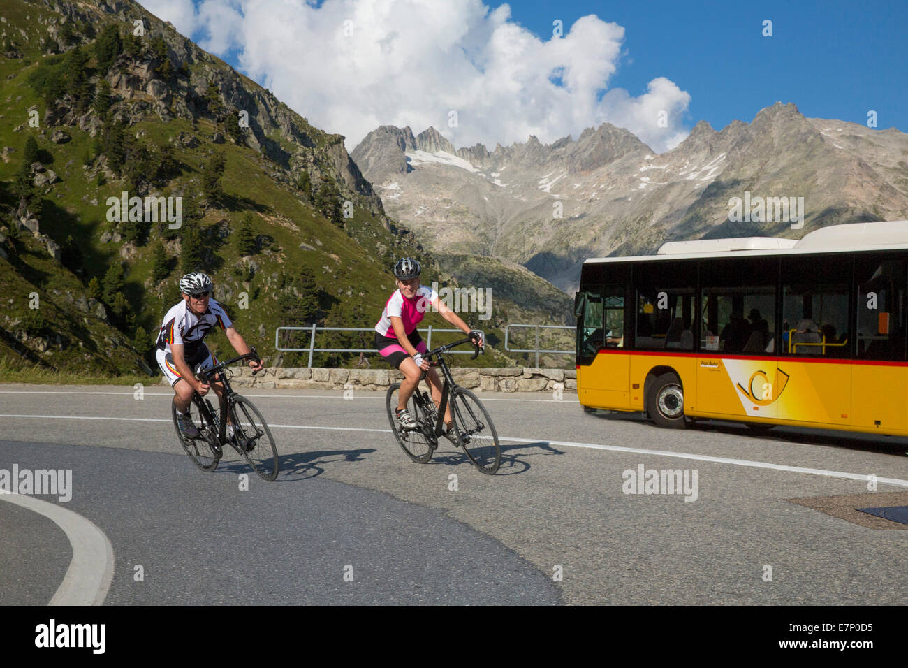 Postbus, riding a bicycle, Grimsel Pass, canton, VS, Valais, glacier, ice, moraine, bicycle, bicycles, bike, riding a bicycle, r Stock Photo