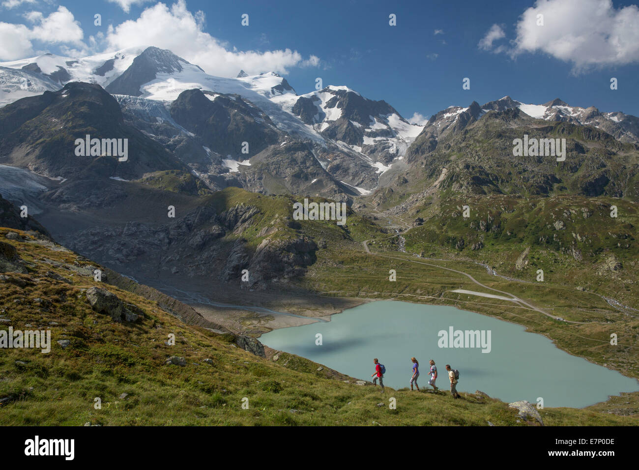 Susten Pass, hiker, lake Stein, Steinsee, Susten, canton Bern, glacier, ice, moraine, footpath, walking, hiking, mountain lake, Stock Photo