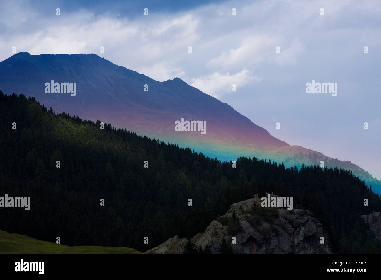 Rainbows, Oberhalbstein, clouds, cloud, mountain, mountains, autumn, weather, canton, GR, Graubünden, Grisons, Switzerland, Euro Stock Photo
