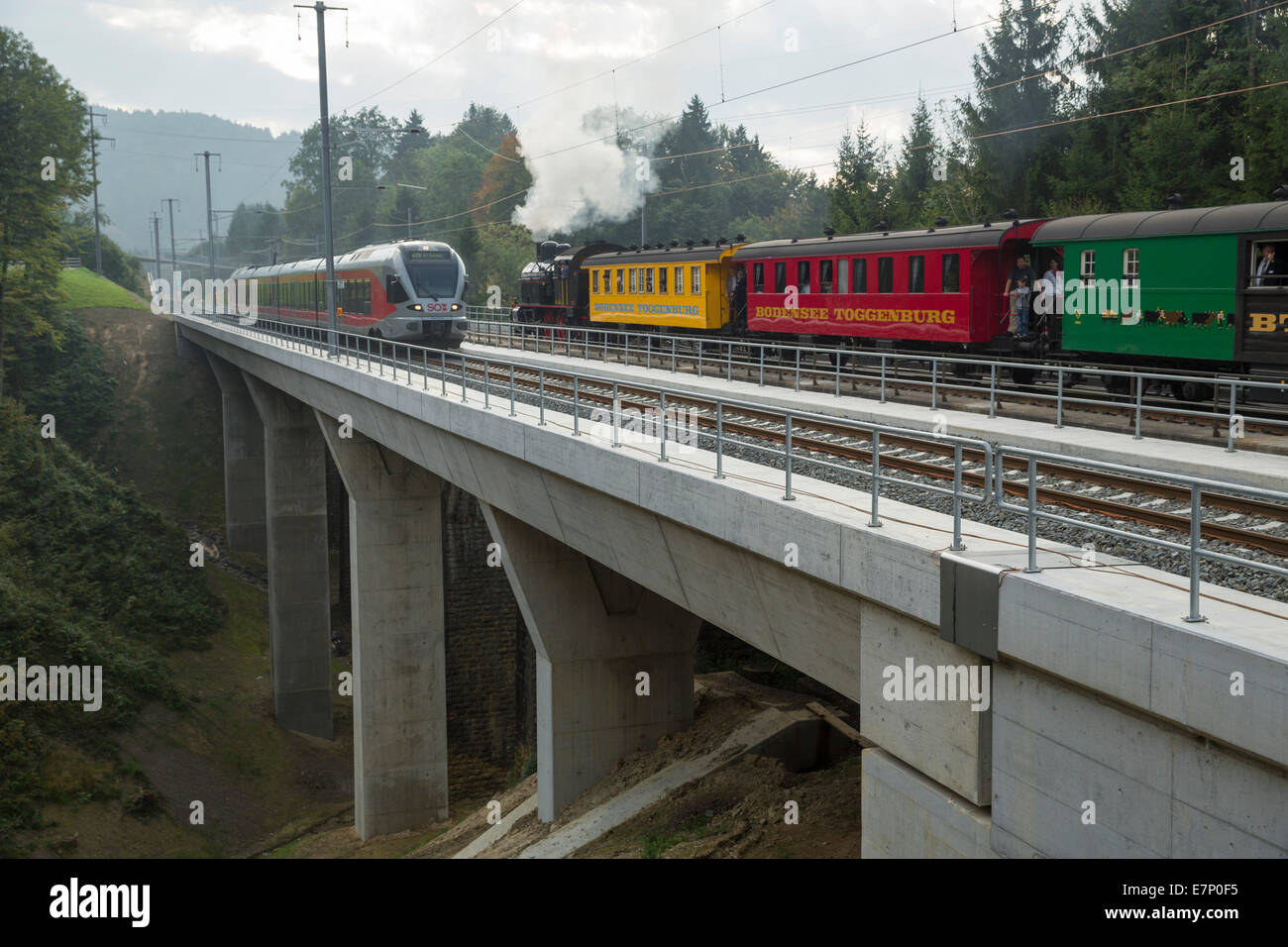 SOB, Kirchtobelviadukt, Herisau-Schachen, railway, train, railroad, bridge, steam, vapor, canton, Appenzell, Ausserrhoden, Switz Stock Photo