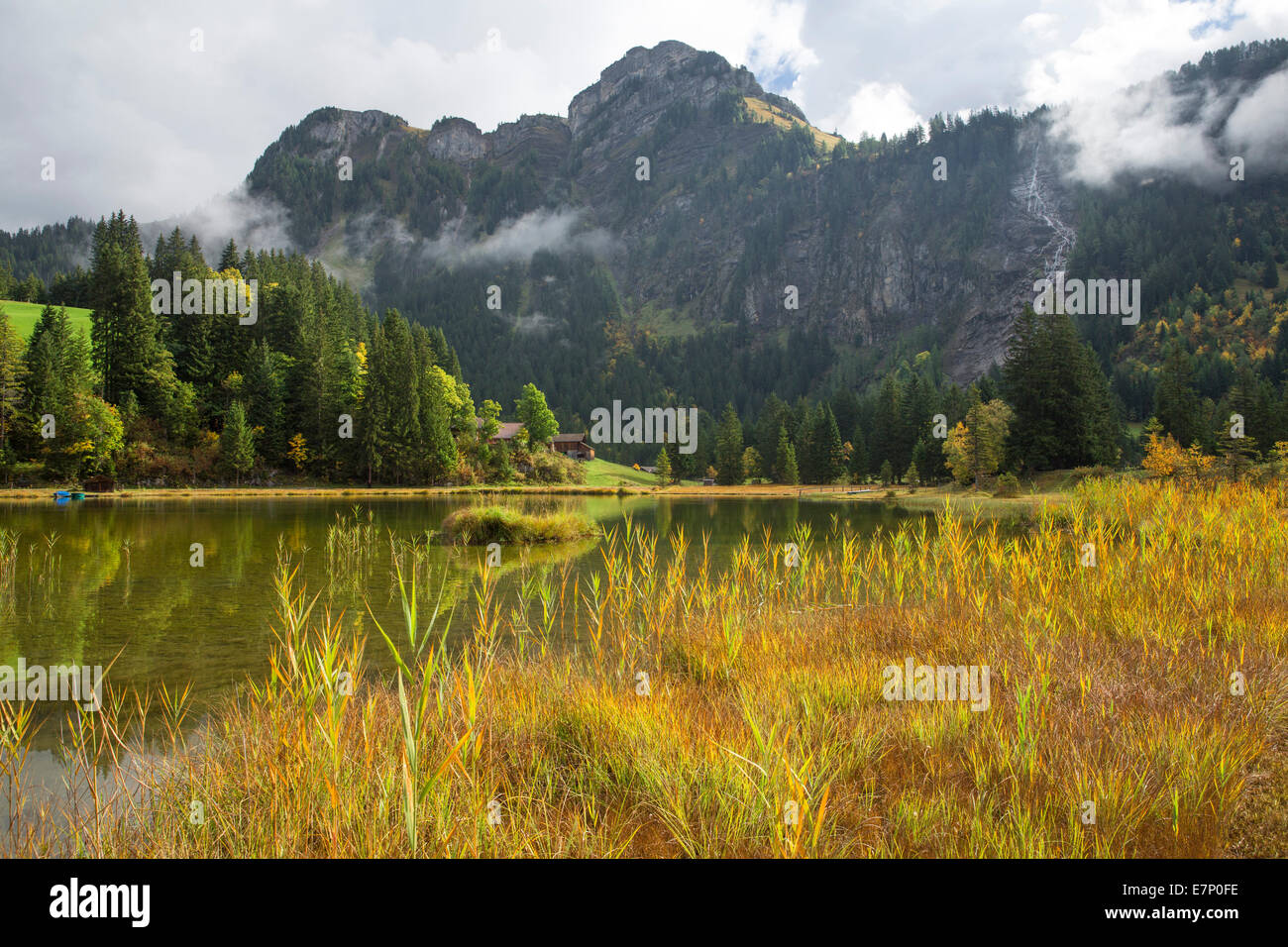 Lauenensee, mountain lake, canton Bern, Bernese Oberland, autumn, nature, weather, clouds, cloud, Switzerland, Europe, Stock Photo