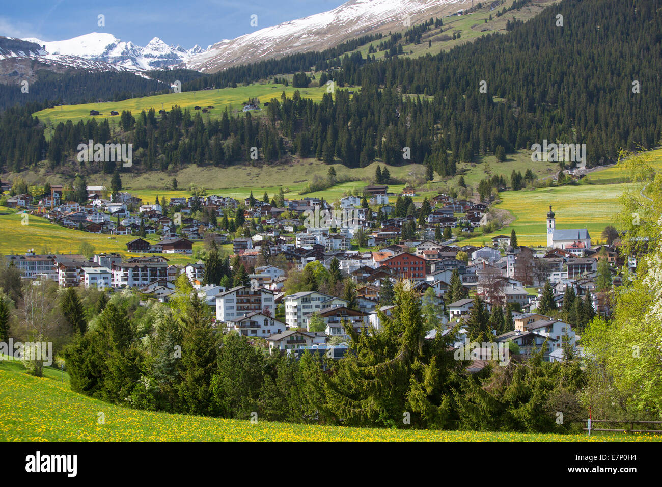 Surselva, Flims, GR, canton, Graubünden, Grisons, spring, village, Switzerland, Europe, Stock Photo