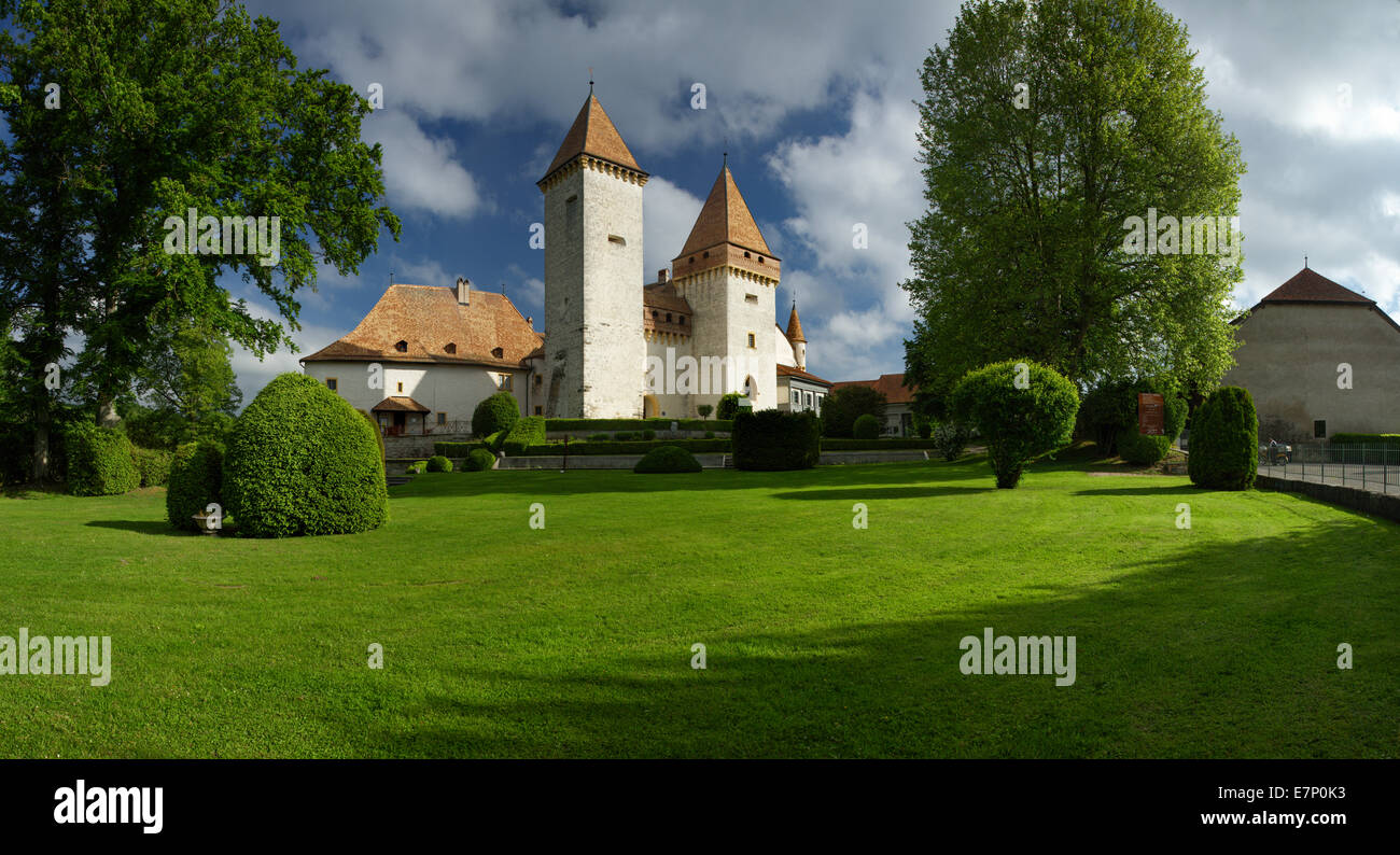 La Sarraz, canton, VD, Vaud, Western Switerland, Romandie, castle, Switzerland, Europe, Stock Photo