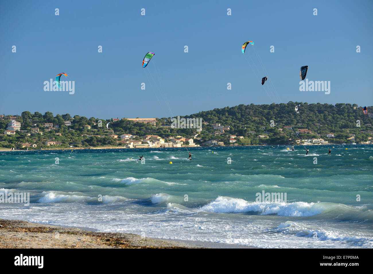 France, Europe, Provence-Alpes-Côte d'Azur, L'Almanarre, Beach, Hyeres, sport, surf, sport, windsurf, kite surfer, Mediterranean Stock Photo