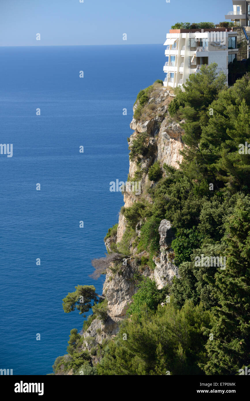 Europe, France, Cote d'Azur, Menton, cliff, sea, hotel, Riviera, Mediterranean Stock Photo