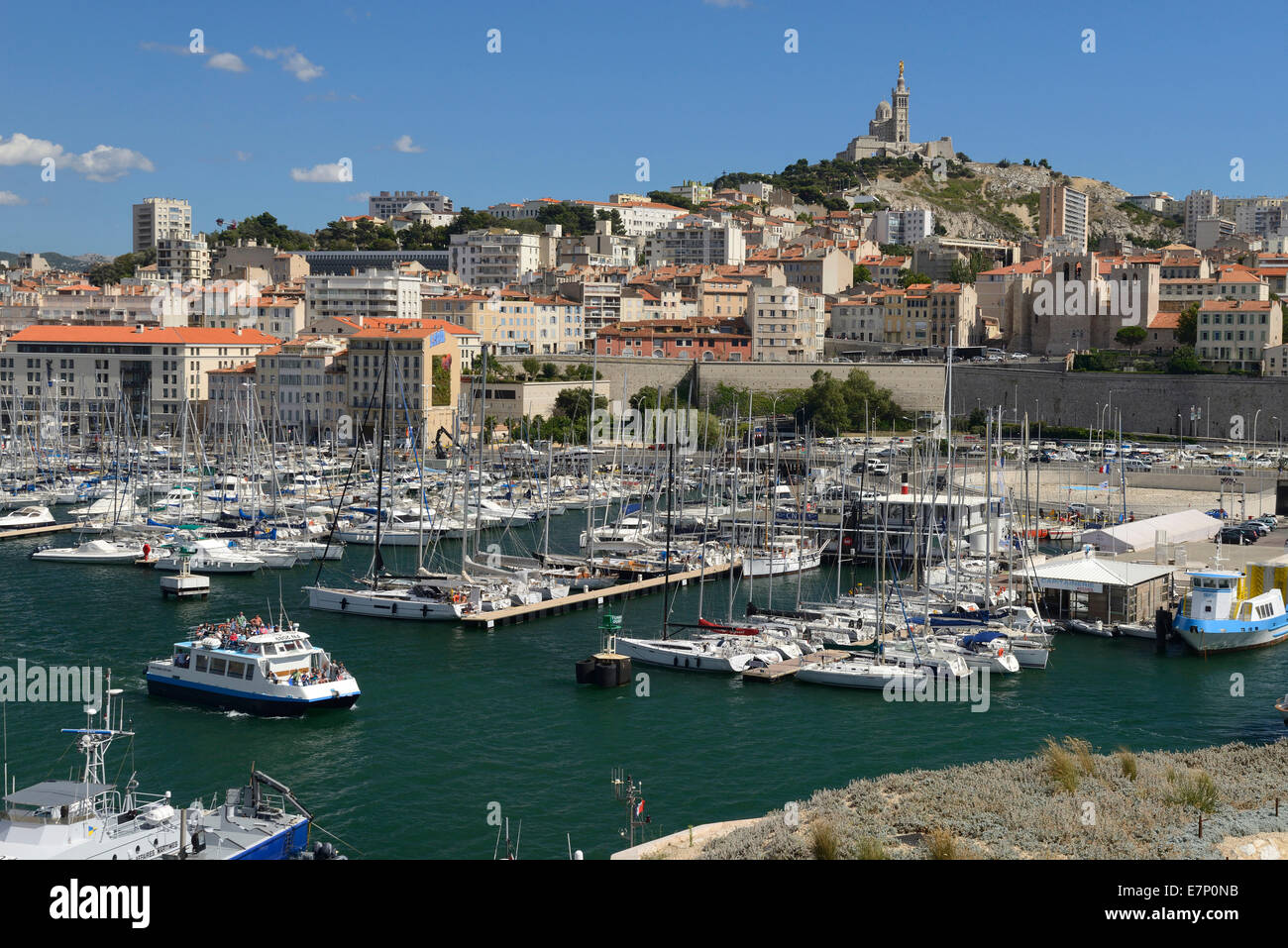 Europe, France, Provence-Alpes-Côte d'Azur, Provence, Marseille, Old Port, Basilica, Notre-Dame de la Garde, church, Stock Photo