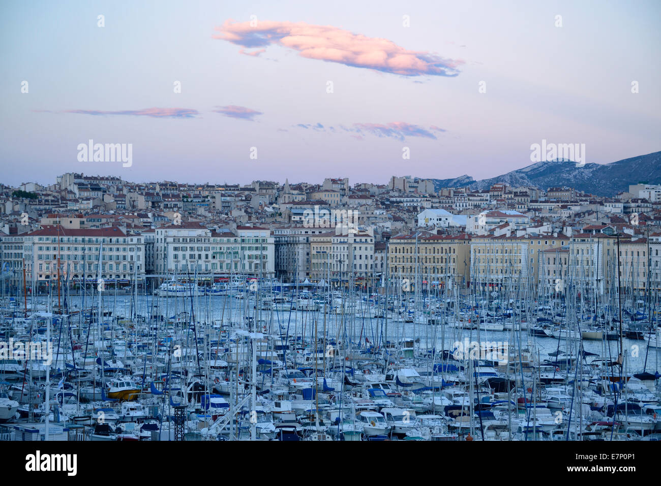 Europe, France, Provence-Alpes-Côte d'Azur, Provence, Marseille, old port, harbour, city, boats, dusk Stock Photo