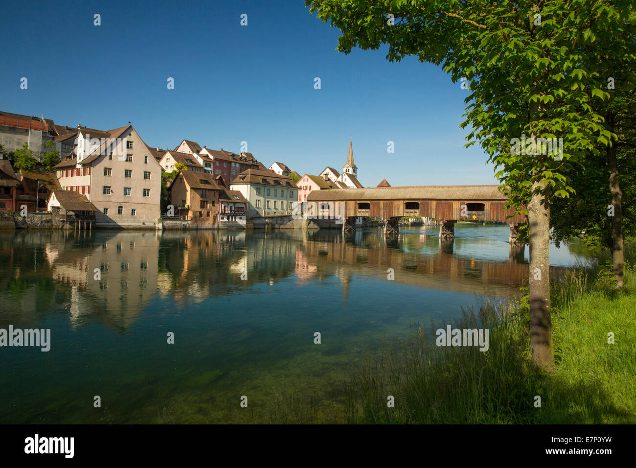 Rhine, Diessenhofen, bridge, river, flow, body of water, water, town, city, canton, TG, Thurgau, Switzerland, Europe, Stock Photo