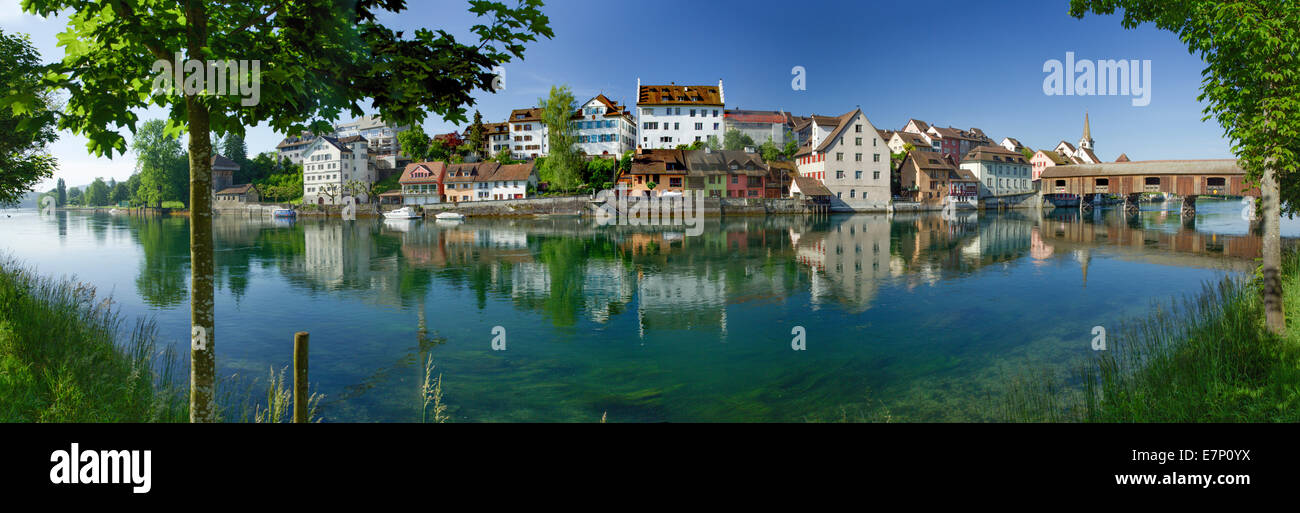 Rhine, Diessenhofen, bridge, river, flow, body of water, water, town, city, canton, TG, Thurgau, Switzerland, Europe, Stock Photo