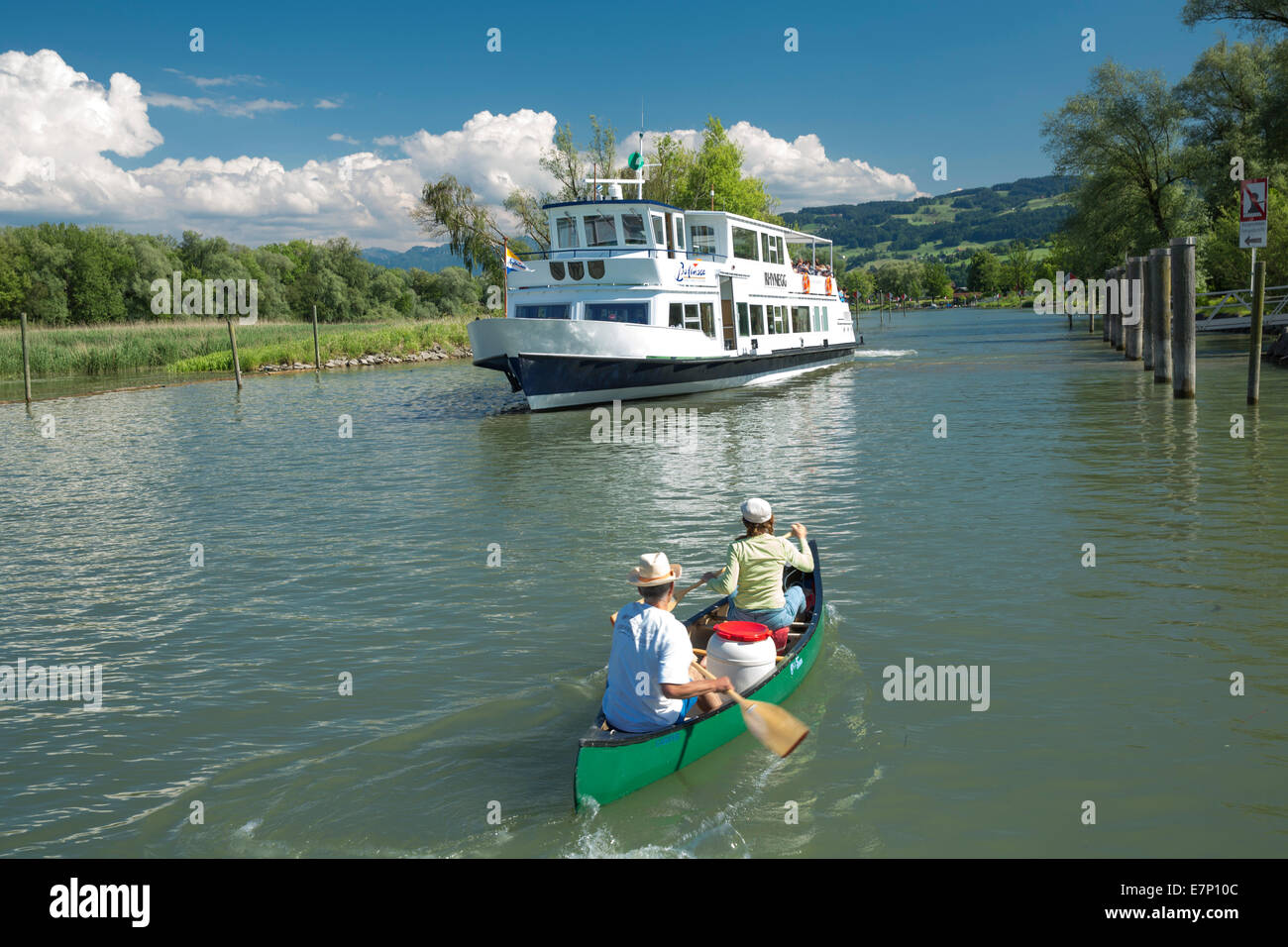 old Rhine, ship Rhynegg, river, flow, body of water, water, ship, boat, ships, boats, sport, spare time, adventure, SG, canton S Stock Photo