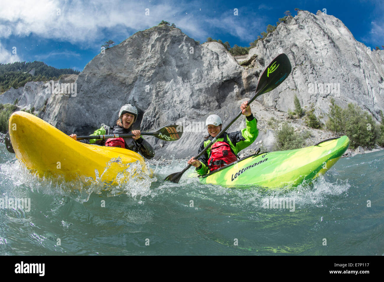 Rhine gulch, water sport, Versam, GR, river, flow, body of water, water, gulch, canton, GR, Graubünden, Grisons, Rhine, Vorderrh Stock Photo