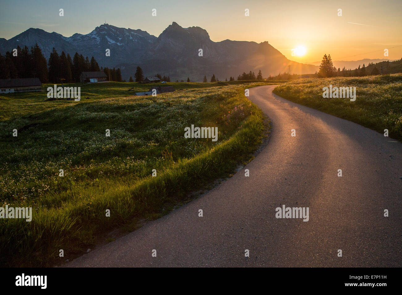 Churfirsten, street, Alp Sellamatt, Alpstein, mountain, mountains, SG, canton St. Gallen, Toggenburg, Alpstein, Säntis, traffic, Stock Photo