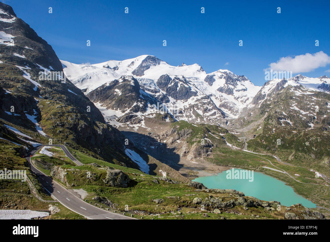 Susten, Switzerland, Europe, alps, green, lake, landscape, mountain, pass, snow, spring, touristic, travel, road Stock Photo