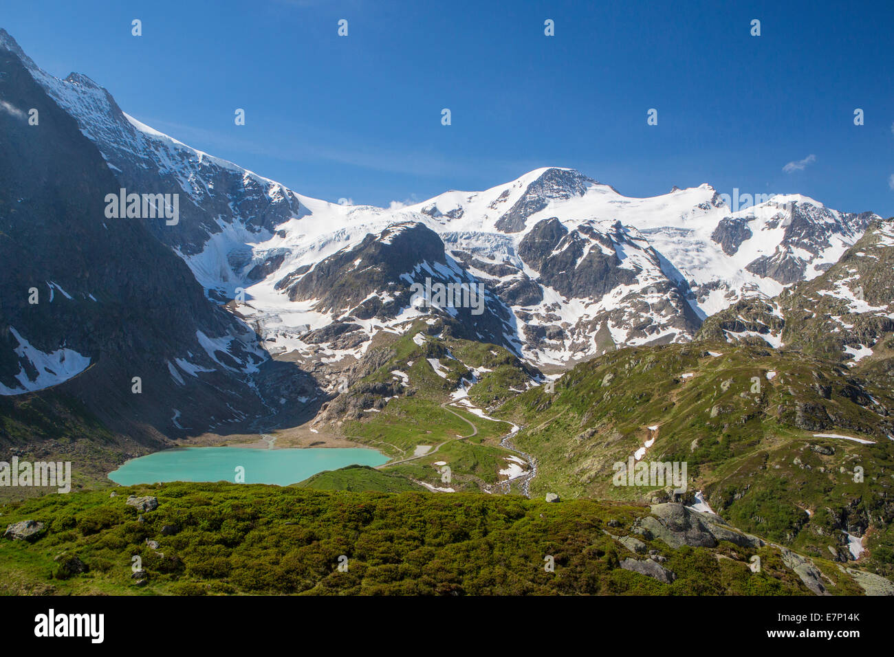 Susten, Switzerland, Europe, alps, green, lake, landscape, mountain, pass, snow, spring, touristic, travel Stock Photo