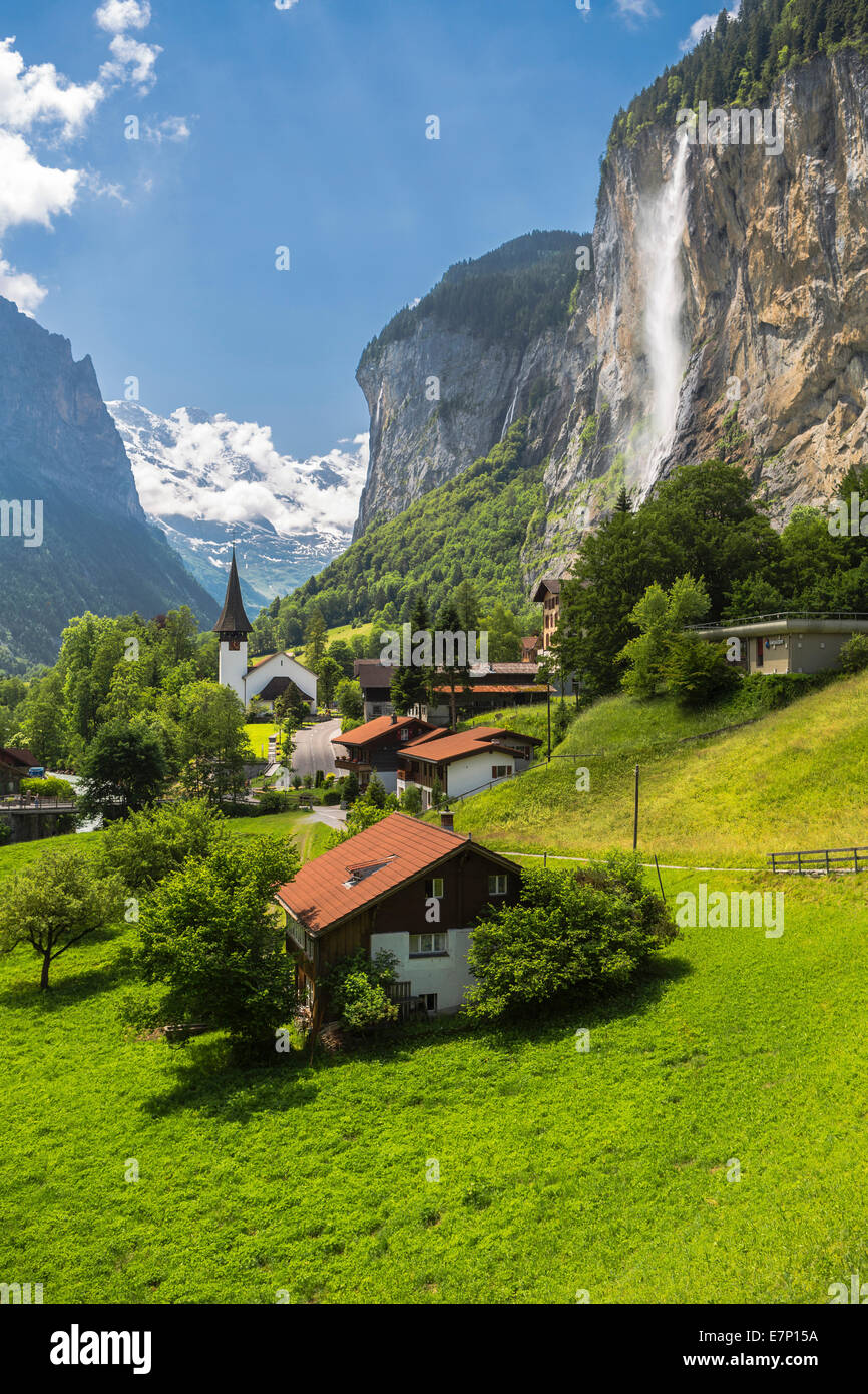 canton Berne, Bernese Oberland, waterfall, Lauterbrunnen, Switzerland, Europe, alps, church, city, colourful, landscape, mountai Stock Photo