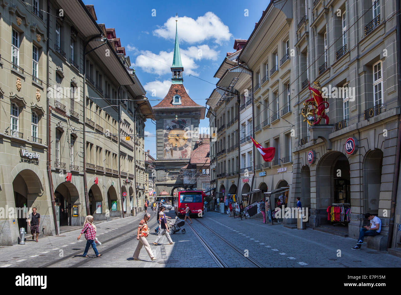 Bern, Berne, Clock, Kramgasse, Switzerland, Europe, architecture, city, downtown, famous, flags, old town, roofs, skyline, stree Stock Photo